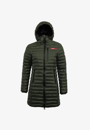 Groene pufferjas met capuchon, voorzien van een rits aan de voorkant, twee ritszakken aan de zijkant en een logopatch op de borst. Gelaagd gewatteerd ontwerp.