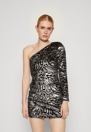 One-shoulder black and silver cocktail dress with a textured animal print design. Body-hugging fit, long sleeve on one side.