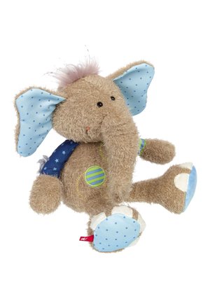 Plush elephant toy with beige fur, large blue polka-dot ears and feet, blue star-patterned sleeves, green-striped patch on belly, and tuft of pink hair.
