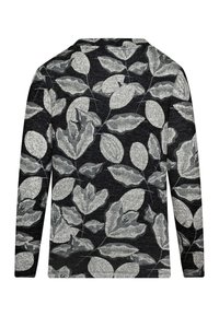 Langärmliges Oberteil aus schwarzem Stoff mit grauem Blumenmuster, das verschiedene Blattformen und -texturen im gesamten Design zeigt.