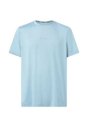 T-shirt di cotone azzurro chiaro con scollo rotondo, maniche corte e un sottile logo Champion ricamato in rosa sul davanti.