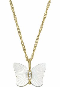Goldkette mit einem Schmetterlingsanhänger aus weißem Muschelmaterial mit strukturierter Oberfläche und drei kleinen klaren Edelsteinen in der Mitte.