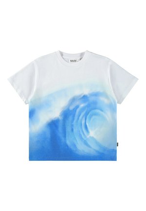 Maglietta bianca con motivo a onde blu, realizzata in cotone, con scollo rotondo e maniche corte. Etichetta del marchio visibile al collo.