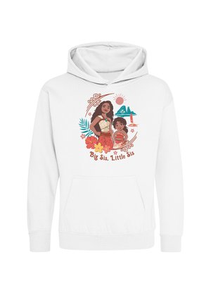 Hvid hættetrøje med illustration af to piger i tropiske outfits med blomster, hav og sol, med teksten "Big Sis, Little Sis."