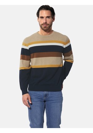 Men's knit sweater featuring horizontal stripes in beige, yellow, white, brown, and navy. Crew neck, ribbed cuffs, and hem. Smooth texture.