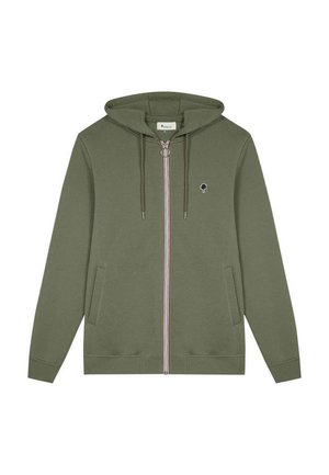 Sweat à capuche zippé vert olive avec cordons de serrage, poches latérales et petit logo noir en forme d'arbre sur le côté gauche de la poitrine.