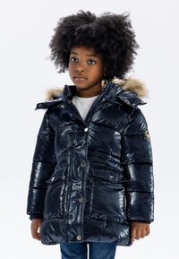 Navy puffer coat with a shiny finish, fur-lined hood, snap buttons, and front pockets. Quilted design for warmth and insulation.