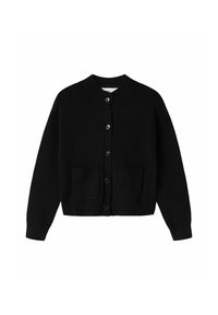 Schwarze Knopf-Cardigan mit geripptem Kragen, Bündchen und Saum, verfügt über zwei vordere aufgesetzte Taschen und lange Ärmel.