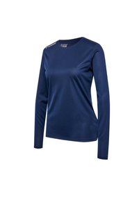 Langärmliges navyblaues Hemd aus glattem Stoff mit rundem Kragen, das ein dezentes Muster und Markenakzente auf den Schultern aufweist.