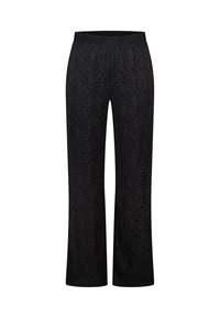 Zwarte broek met een bloemenpatroon, gemaakt van zachte stof, met een elastische tailleband en wijde pijpen voor een ontspannen pasvorm.