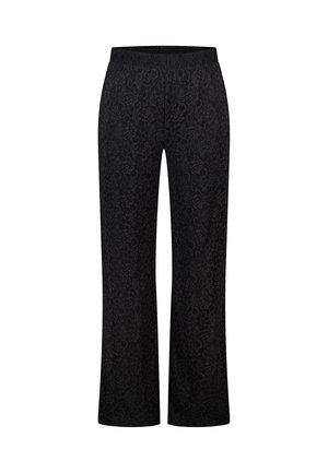 Zwarte broek met een bloemenpatroon, gemaakt van zachte stof, met een elastische tailleband en wijde pijpen voor een ontspannen pasvorm.