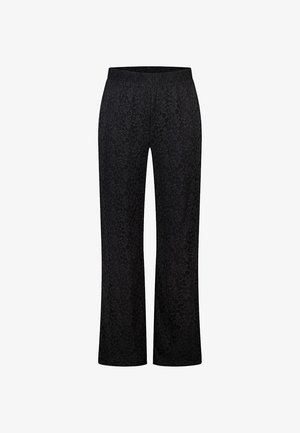 Zwarte broek met een bloemenpatroon, gemaakt van zachte stof, met een elastische tailleband en wijde pijpen voor een ontspannen pasvorm.