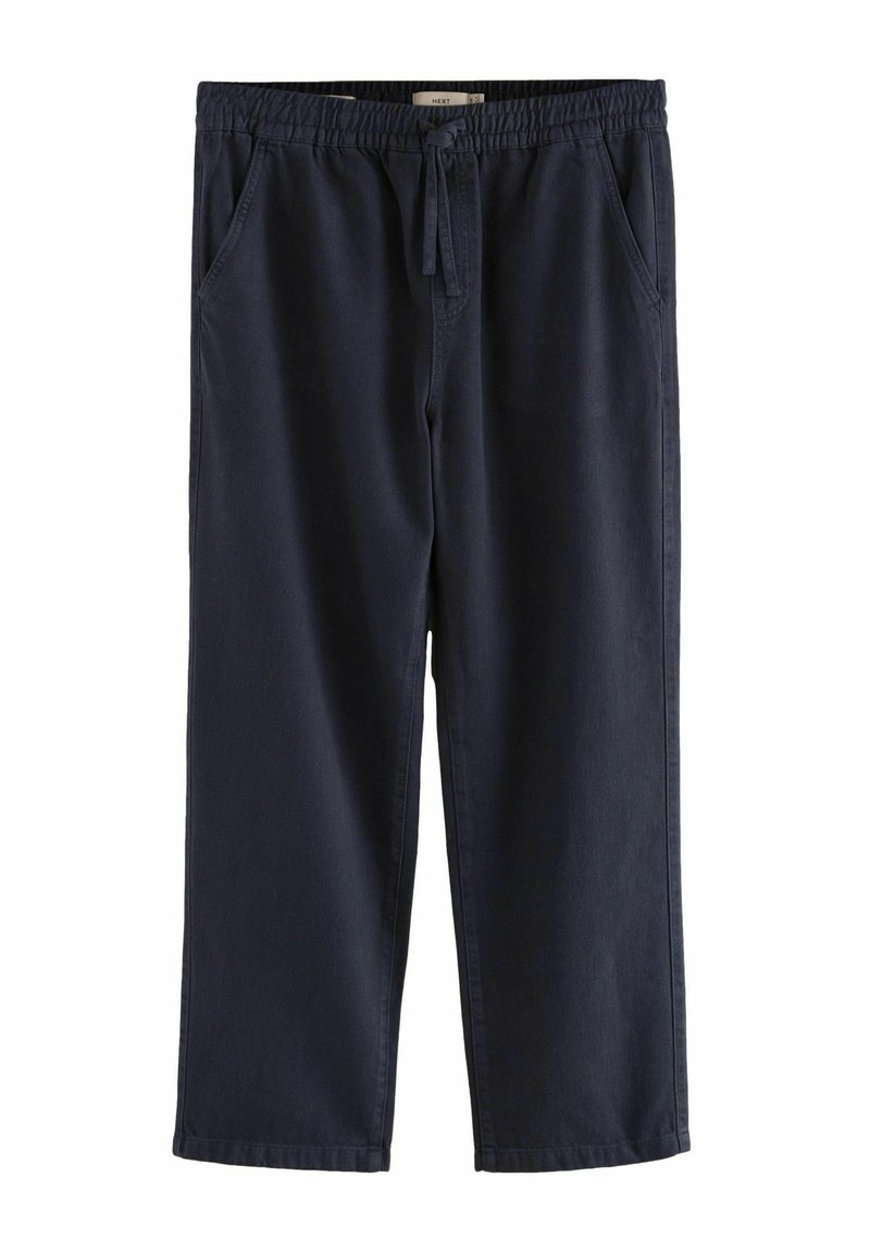 Pantaloni relaxați de culoare albastru marin, din bumbac moale, cu talie elastică și șnur și buzunare laterale. Textură netedă, cu picior drept.