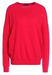 Suéter de punto rojo con cuello redondo, mangas largas y puños y dobladillo acanalados. Textura suave y ajuste holgado. No hay patrones ni acentos visibles.