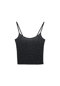 Černý top s tenkými ramínky, který je zdobený gradientem bílých rhinestones na přední straně. Materiál vypadá hladce a má přiléhavý střih.