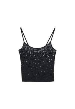Črn top brez rokavov z tankimi naramnicami, ki na sprednji strani vsebuje gradient belega kamenčka. Material izgleda gladko in ima prilegajoč dizajn.