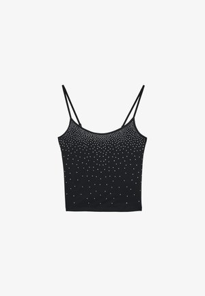 Débardeur noir à fines bretelles, avec un dégradé de strass blancs sur le devant. Le matériau semble lisse avec une coupe ajustée.