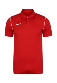 Rotes Polohemd aus Dri-FIT-Material, mit einer Drei-Knopf-Leiste, weißen Akzenten an den Schultern und einem Nike-Swoosh-Logo.