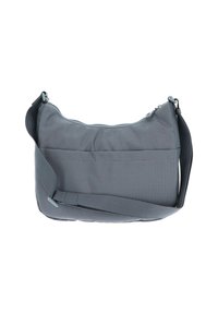 Borsa a tracolla grigia in poliestere con un motivo testurizzato, chiusura con zip e tracolla regolabile. Forma arrotondata con base piatta.