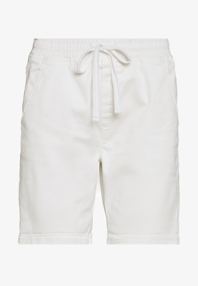 Shorts blancs décontractés avec ceinture élastique et cordons à nouer à l'avant, avec poches latérales et un design épuré et simple.