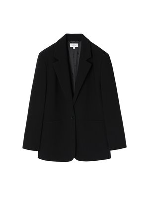 Black blazer with a single button closure, notch lapels, and two front pockets. Made from a smooth fabric with a tailored fit.