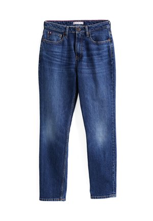 Blå denim jeans med lige snit, fem-lomme design og let slid på lårerne. Har knaplukning og bæltestropper.