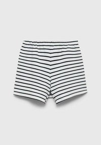 Pantaloni corti a righe in bianco e blu navy, realizzati in tessuto elastico, con vita elasticizzata e un design semplice e casual.