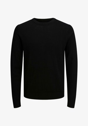 Svart strikket genser med rund hals, lange ermer og en glatt tekstur, med et enkelt design uten synlige mønstre eller accenter.