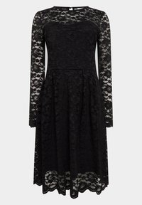Black lace dress with long sleeves, a fitted bodice, and a flared skirt. Intricate floral pattern throughout, featuring a scalloped hem.
