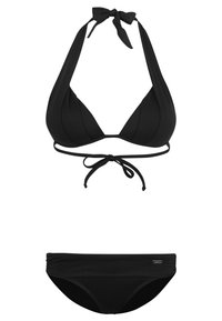 Čierny plavkový set pozostávajúci z trojuholníkového halter topu so šnúrkovým zapínaním a klasického spodného dielu s jemným pásom. Hladká textúra.