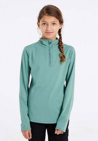 Lichtgroene langwerpige blouse met hoge kraag en kwart-rits aan de voorkant. Gemaakt van een gladde, rekbare stof. Eenvoudig ontwerp, geen patronen.