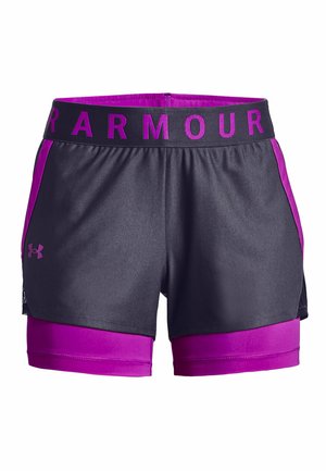 Schwarze und violette Damen-Sportshorts von Under Armour mit Logo auf der linken Seite und dem Schriftzug "ARMOUR" am Bund.