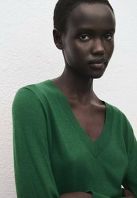 Maglione verde a V realizzato in tessuto morbido, con maniche lunghe e una texture liscia, indossato da una persona con capelli corti e scuri.