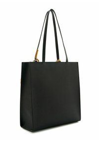 Borsa tote in pelle nera con doppio manico, forma rettangolare, superficie liscia e cuciture visibili. Caratterizzata da accessori in metallo e accenti a contrasto.