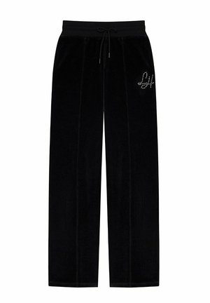 Czarne welurowe spodnie szerokie z wiązaniem w talii i małym detalem z kryształkami na prawym udzie.