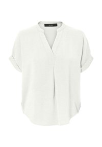 Kurzärmlige, hellgraue Bluse mit V-Ausschnitt, weichem Material, geschwungenem Saum und umgeschlagenen Ärmeln. Etikett am Ausschnitt sichtbar.