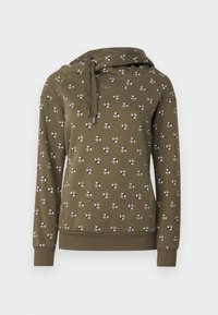 Sudadera verde oliva con mangas largas, puños acanalados y capucha con cordón. Presenta un patrón geométrico pequeño repetido en rojo y teal.