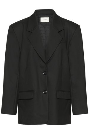 Čierne sako s upraveným strihom, špicatými klopami, dvoma gombíkmi a dvoma prednými vreckami, vyrobené z hladkej, textúrovanej látky.