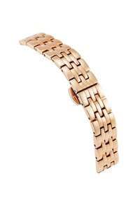 Correa de reloj de metal rosado, con un diseño de eslabones que presenta superficies lisas y pulidas y bordes redondeados; cierre de broche visible.