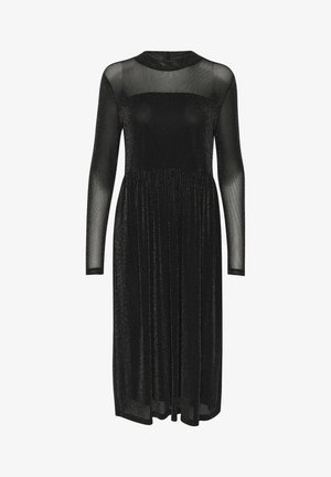 Vestido midi negro con mangas largas de tul, un corpiño ajustado y falda plisada, que presenta un suave brillo y escote redondeado.