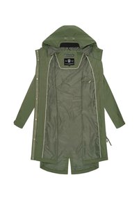 Zielona wodoodporna kurtka z kapturem, zamkiem błyskawicznym i zatrzaskami. Posiada gładkie wnętrze z kieszenią i kontrastowymi lamówkami.
