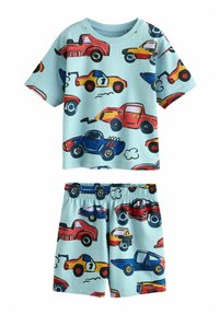 Kortærmet pyjamasæt med en lysblå baggrund og farverige, tegneserie-lignende biler i rød, gul og blå. Shorts med elastisk talje.