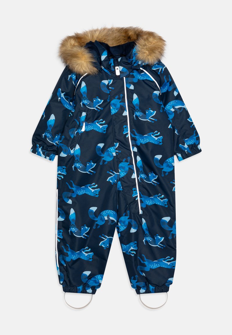 Navy blue snowsuit with a fur-lined hood, featuring a playful fox pattern in various shades of blue and white accents along the zipper.