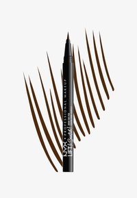 Stylo noir NYX Professional Makeup Lift & Snatch avec teinte brune, pointe fine en pinceau et traits de sourcils bruns sur fond blanc.