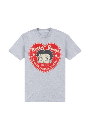 Grå bomulds T-shirt med et rødt hjerte-design, der har teksten "Betty Boop" og en illustration af Betty Boops ansigt omgivet af hjerter.