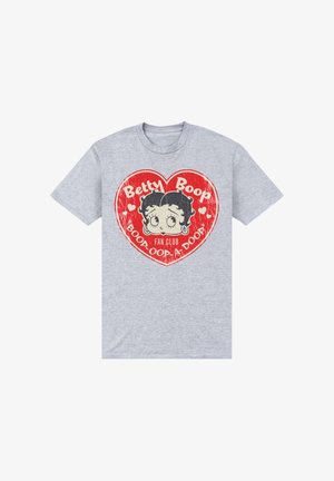 Szara bawełniana koszulka z nadrukiem czerwonego serca, z napisem "Betty Boop" oraz ilustracją twarzy Betty Boop, otoczoną sercami.
