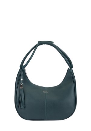 Dunkelgrüne Lederhandtasche mit geschwungener Form, gepolstertem Griff, Reißverschluss, Quasten-Detail und kleinem Roeckl Markenlogo auf der Vorderseite.