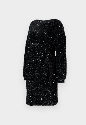 Musta säraega kleit pikkade varrukatega, mähise disainiga ja sileda kaelusega. Kanga peal on üle kogu pinna sädelev tekstuur.