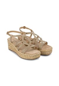 Sandali beige con zeppa e suola in paglia intrecciata, dotati di cinturini incrociati impreziositi da piccoli strass. Soletta liscia e testurizzata per il massimo comfort.