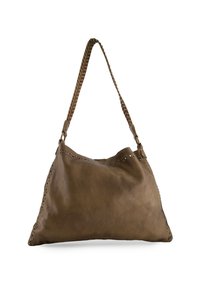 Sac en cuir marron à épaule avec une bandoulière tressée, détails cloutés le long des bords, et une surface douce et texturée pour une forme décontractée.